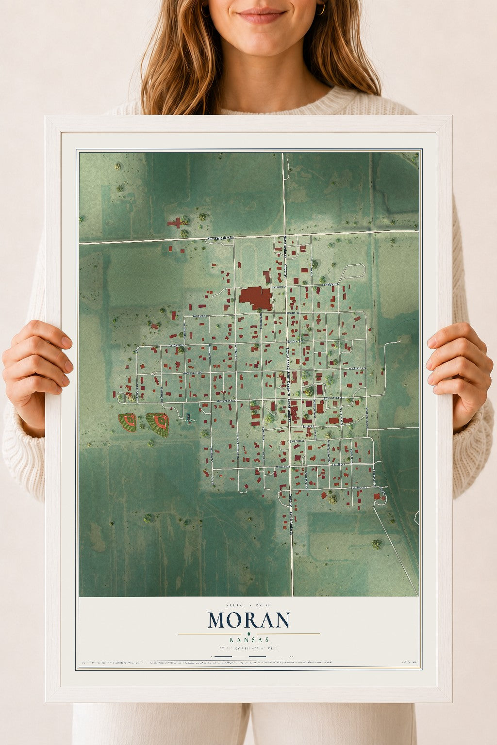 Map of Moran, Kansas, 18 x 24 inch print in a white wood frame