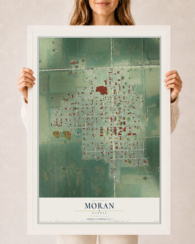 Map of Moran, Kansas, 24 x 36 inch print in a white wood frame