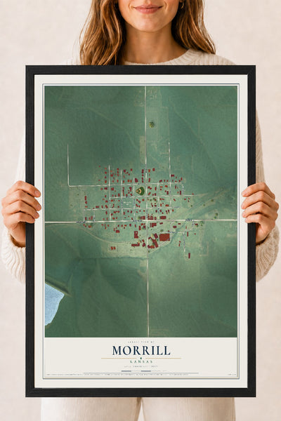 Map of Morrill, Kansas, 18 x 24 inch print in a black wood frame