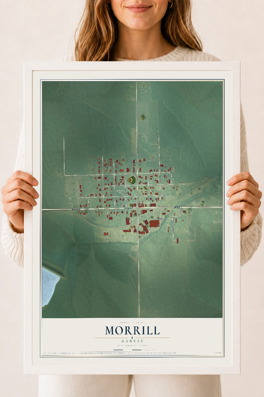 Map of Morrill, Kansas, 18 x 24 inch print in a white wood frame