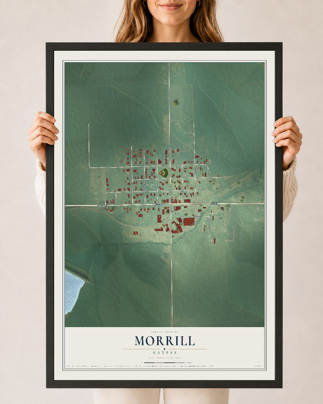 Map of Morrill, Kansas, 24 x 36 inch print in a black wood frame