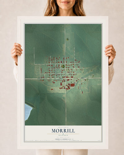 Map of Morrill, Kansas, 24 x 36 inch print in a white wood frame