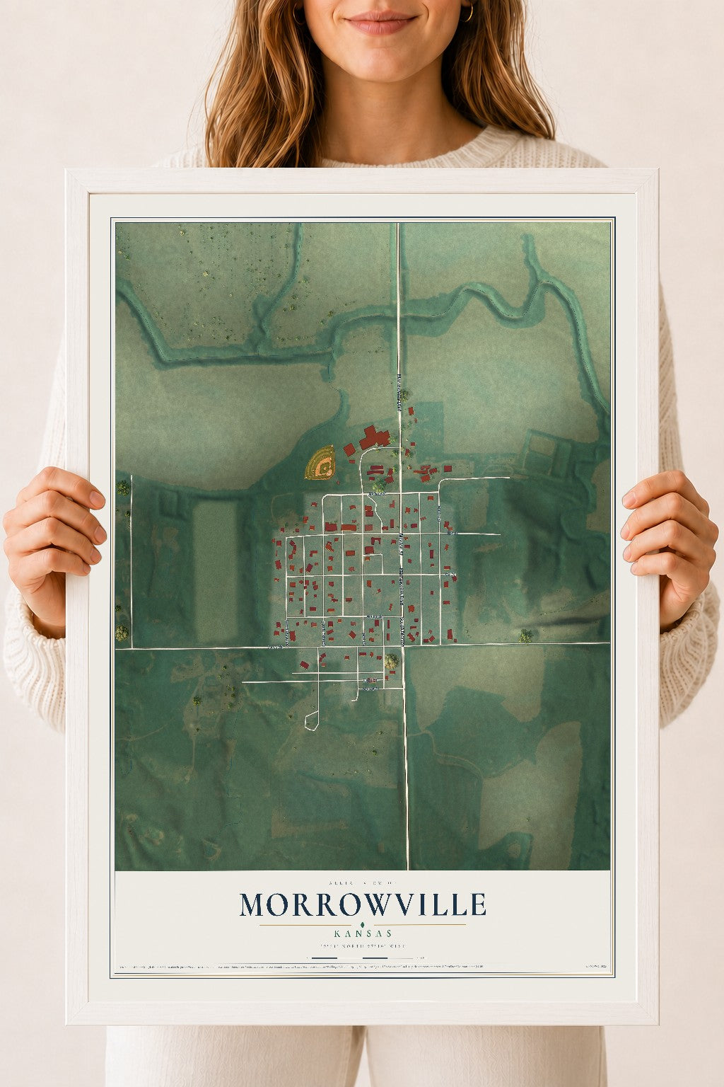 Map of Morrowville, Kansas, 18 x 24 inch print in a white wood frame