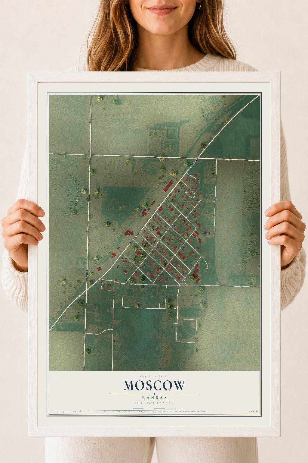 Map of Moscow, Kansas, 18 x 24 inch print in a white wood frame