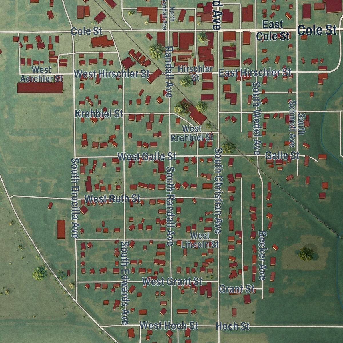 Close-up of the map of Moundridge, Kansas print showing street and building detail