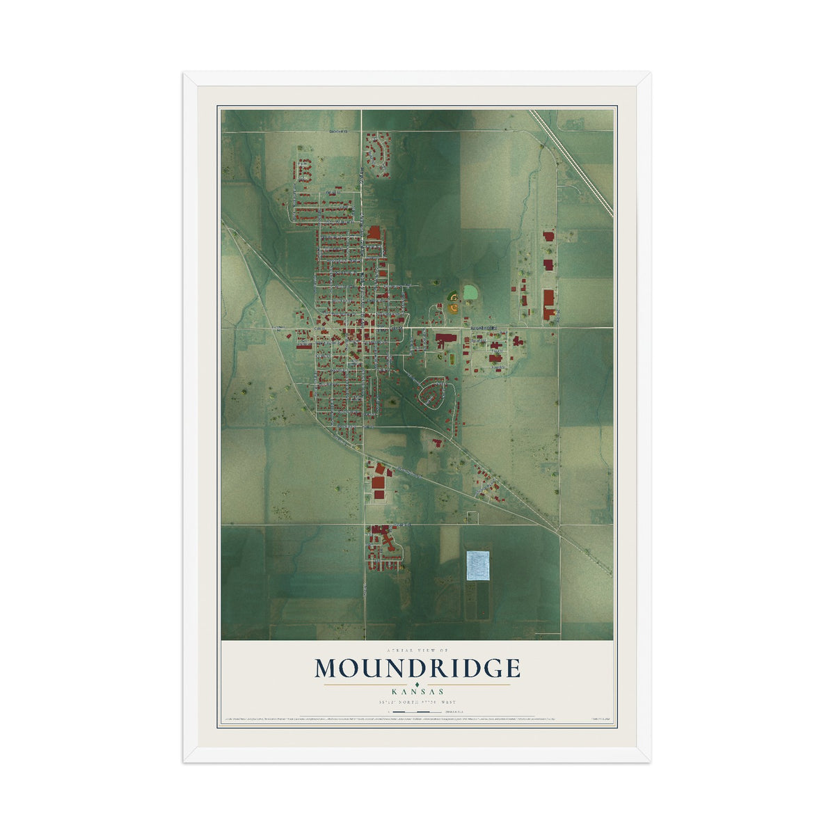 Map of Moundridge, Kansas, 12 x 18 inch print in a white wood frame