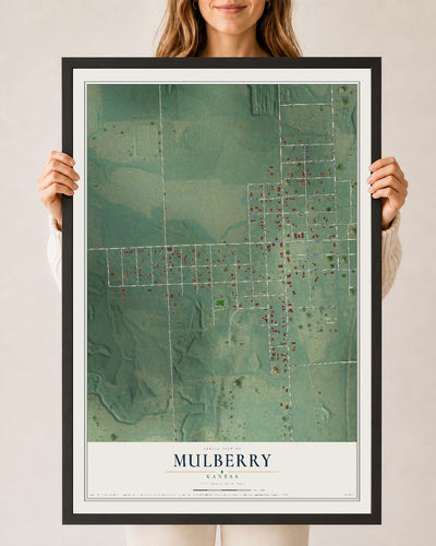 Map of Mulberry, Kansas, 24 x 36 inch print in a black wood frame