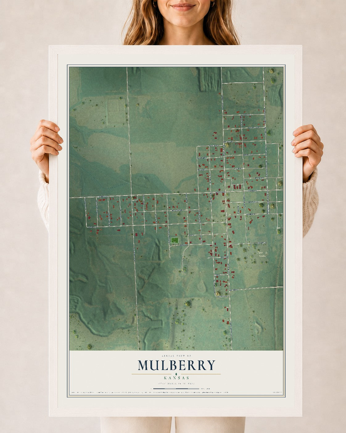 Map of Mulberry, Kansas, 24 x 36 inch print in a white wood frame