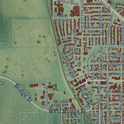 Close-up of the map of Mulvane, Kansas print showing street and building detail