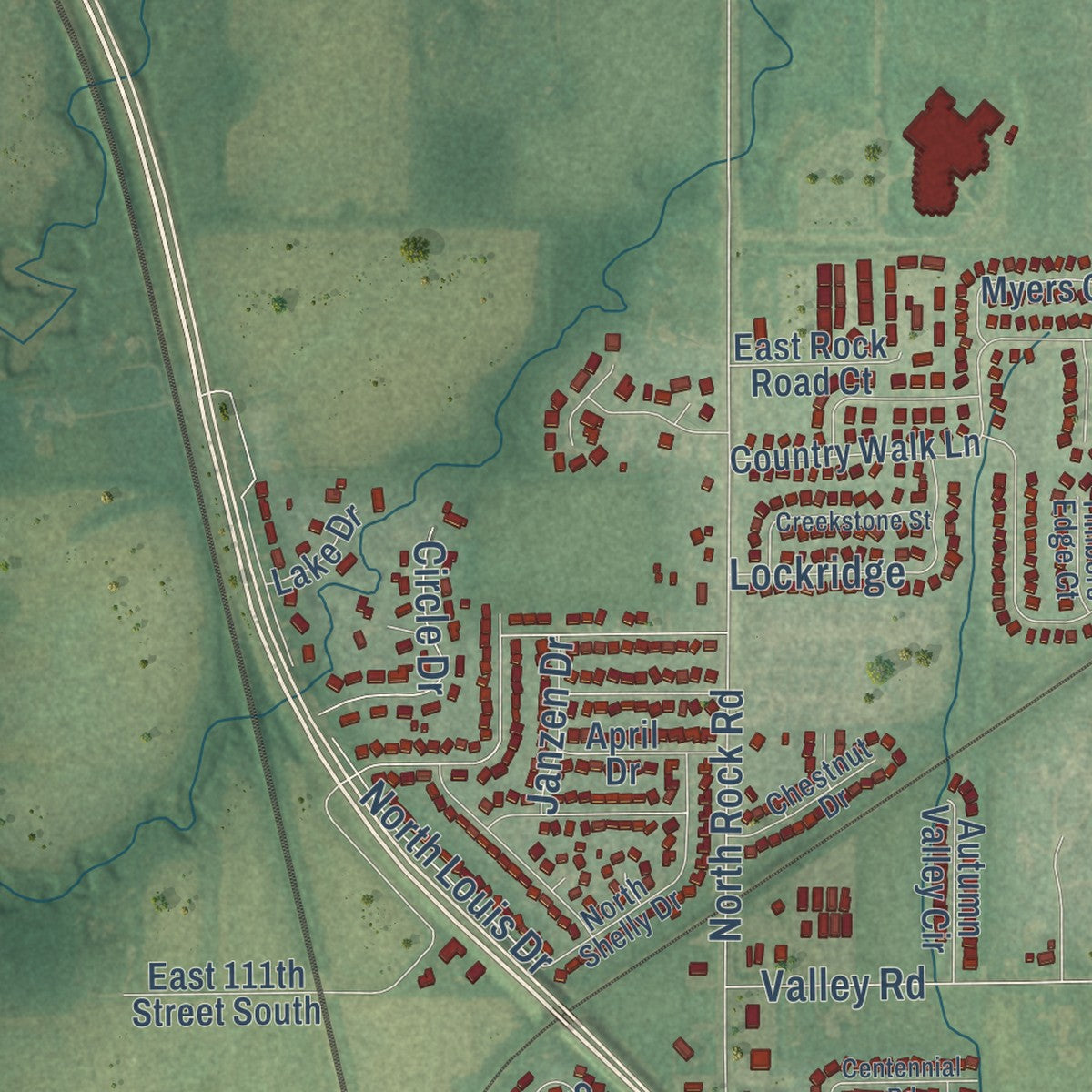 Second close-up of the map of Mulvane, Kansas print showing more streets and buildings
