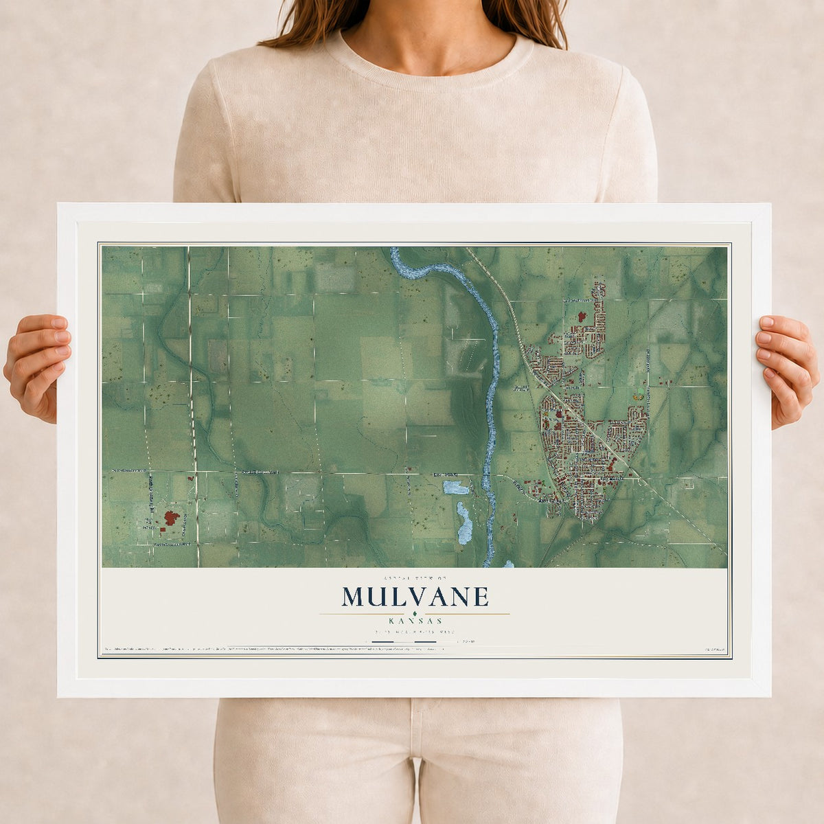 Map of Mulvane, Kansas, 12 x 18 inch print in a white wood frame