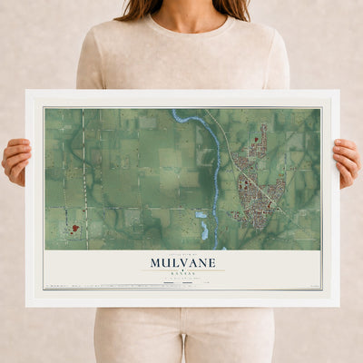 Map of Mulvane, Kansas, 12 x 18 inch print in a white wood frame