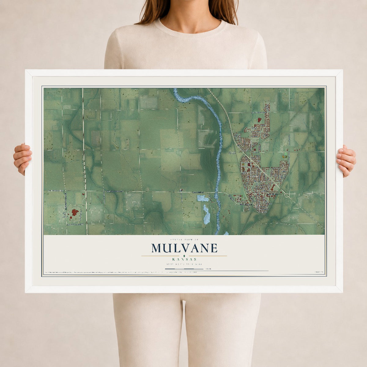 Map of Mulvane, Kansas, 24 x 36 inch print in a white wood frame