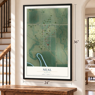 Neal, Kansas map, 24 x 36 inch print in a black frame by a staircase