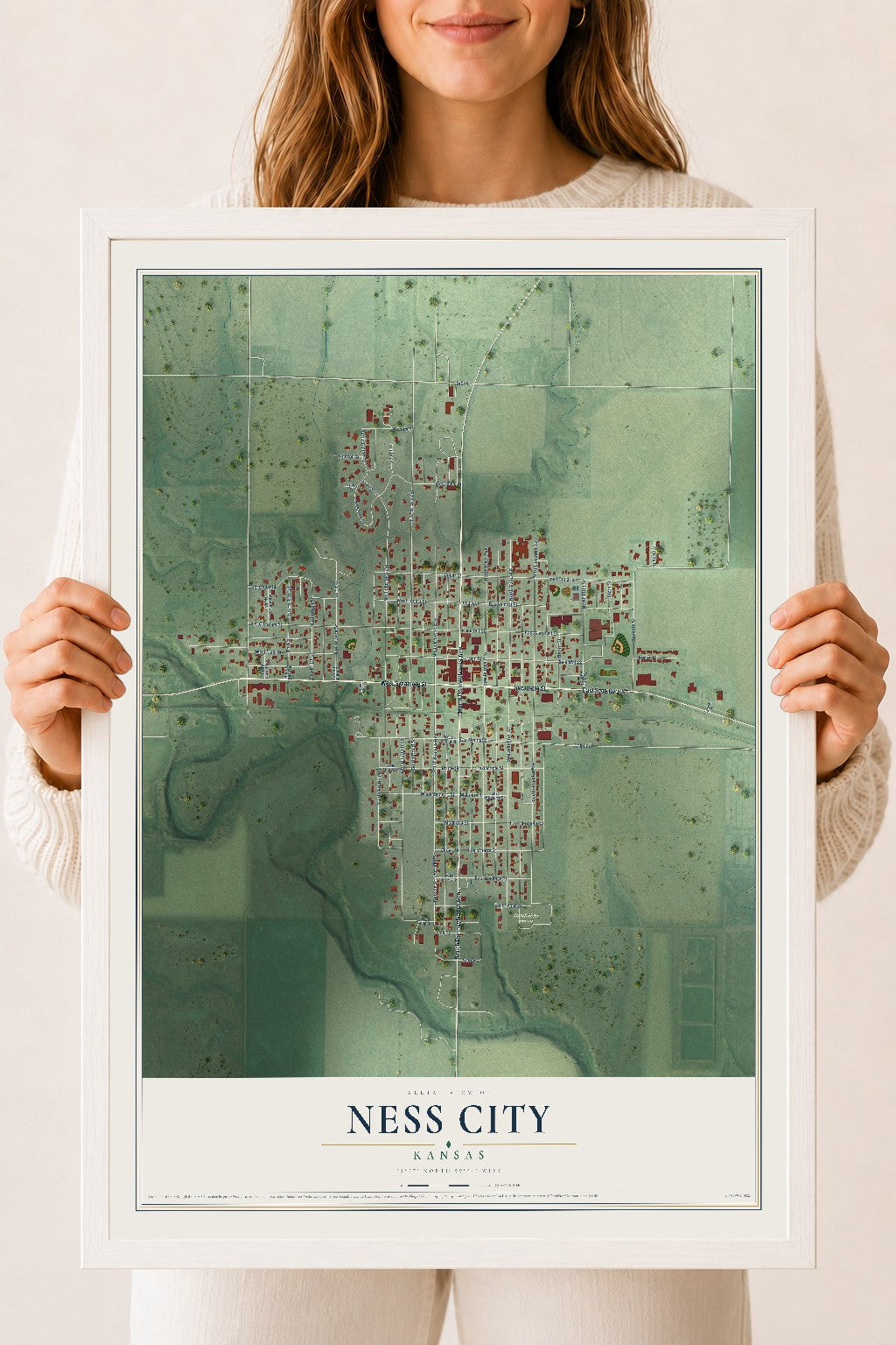 Map of Ness City, Kansas, 18 x 24 inch print in a white wood frame