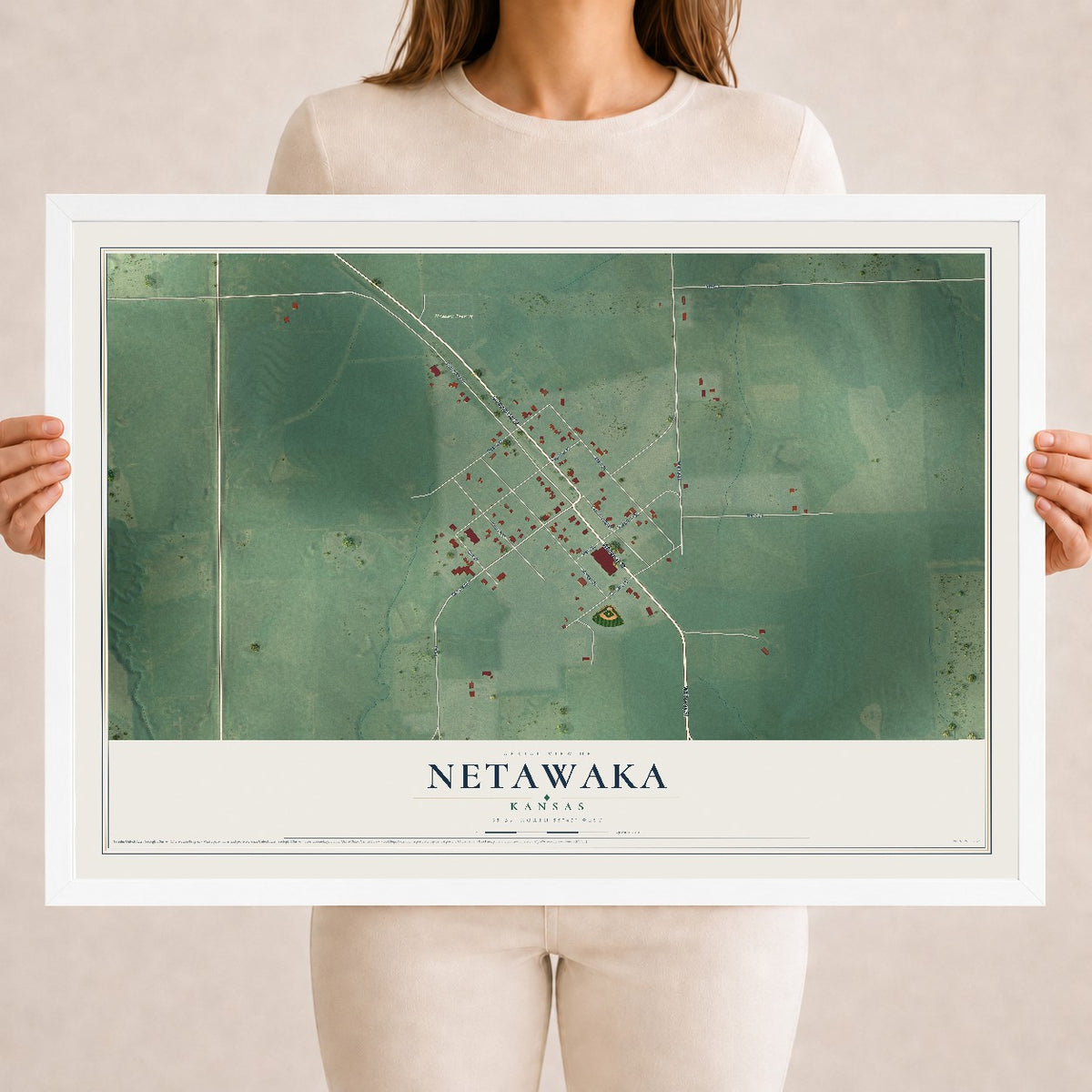 Map of Netawaka, Kansas, 18 x 24 inch print in a white wood frame