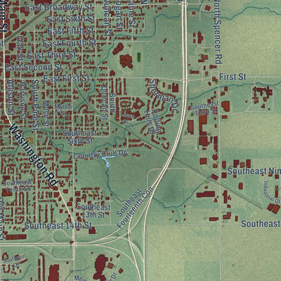 Close-up of the map of Newton, Kansas print showing street and building detail