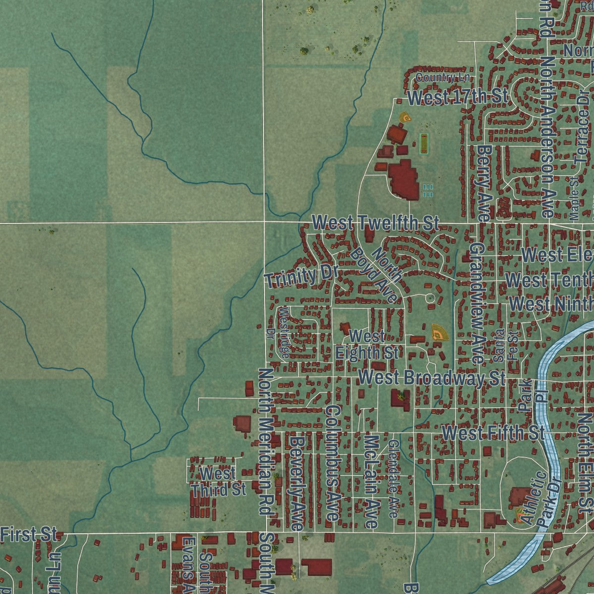 Second close-up of the map of Newton, Kansas print showing more streets and buildings