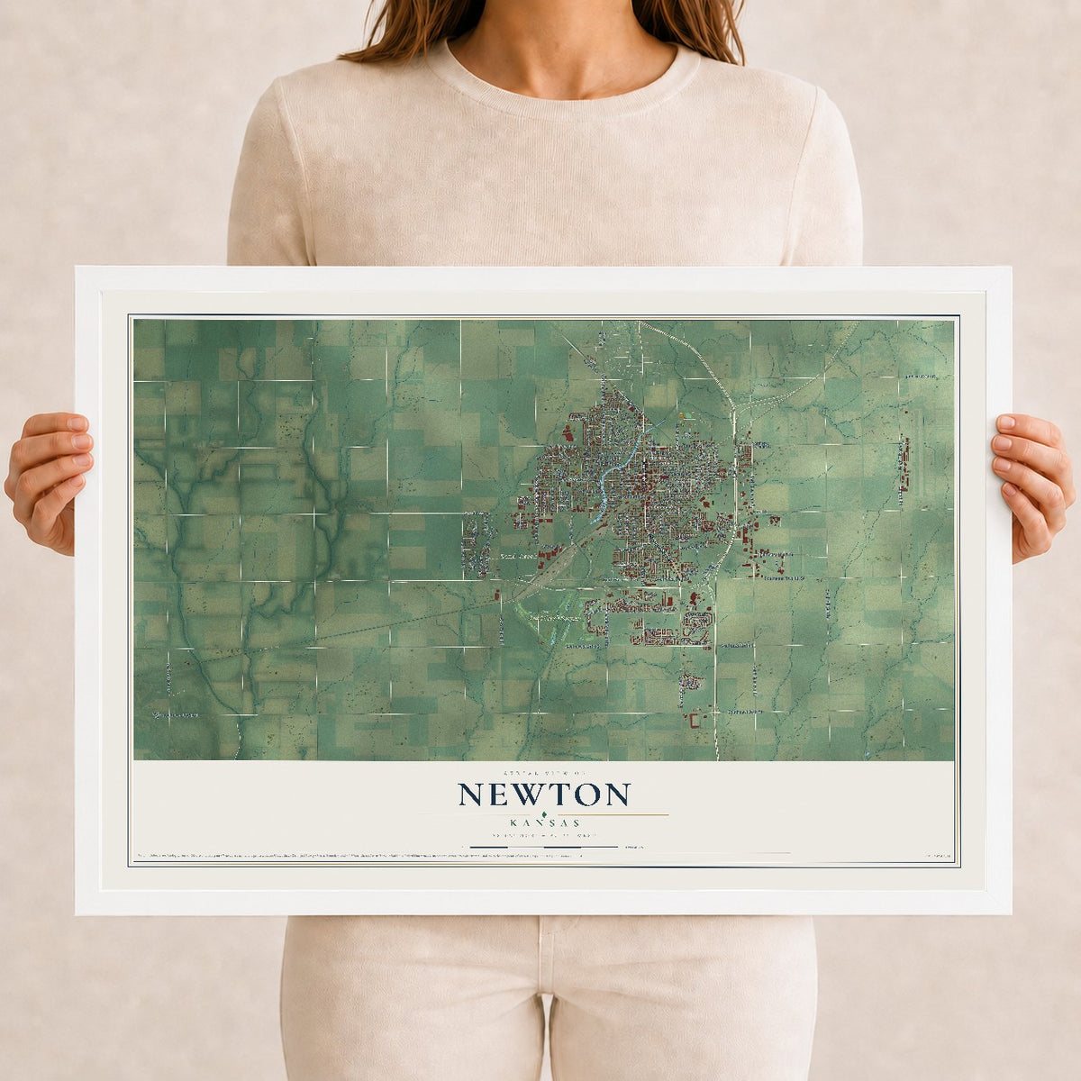 Map of Newton, Kansas, 12 x 18 inch print in a white wood frame