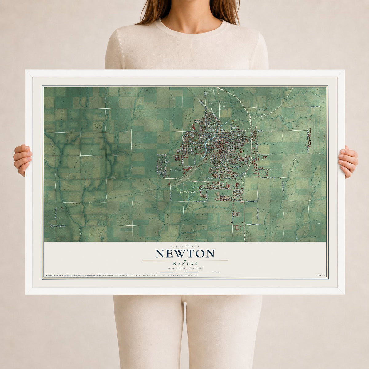 Map of Newton, Kansas, 24 x 36 inch print in a white wood frame