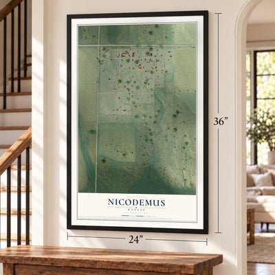 Nicodemus, Kansas map, 24 x 36 inch print in a black frame by a staircase