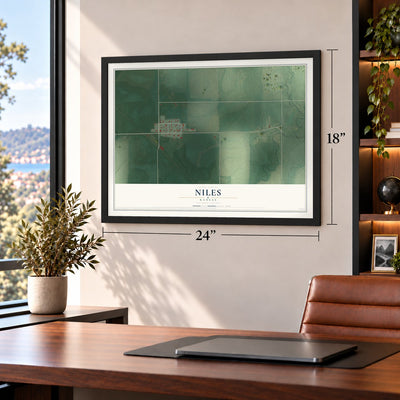 Niles, Kansas map, 18 x 24 inch print in a black frame in a home office