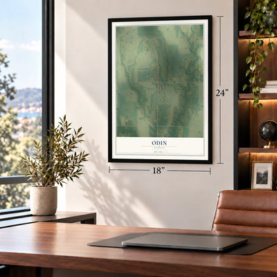 Odin, Kansas map, 18 x 24 inch print in a black frame in a home office