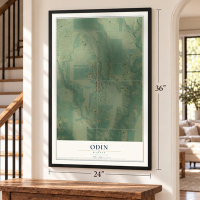 Odin, Kansas map, 24 x 36 inch print in a black frame by a staircase