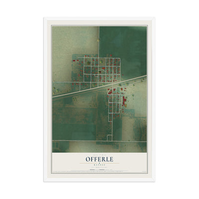 Map of Offerle, Kansas, 12 x 18 inch print in a white wood frame