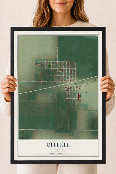 Map of Offerle, Kansas, 18 x 24 inch print in a black wood frame