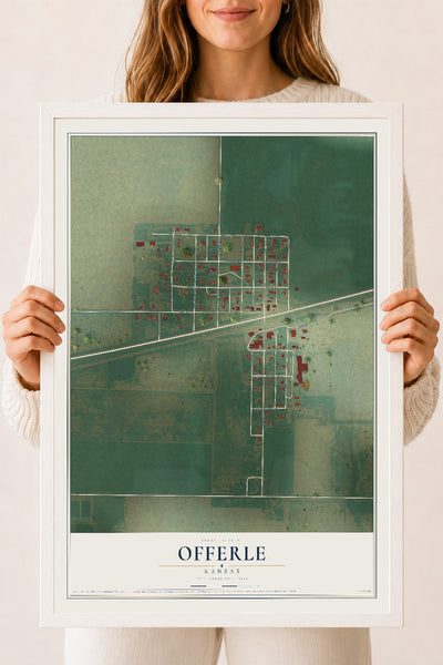 Map of Offerle, Kansas, 18 x 24 inch print in a white wood frame