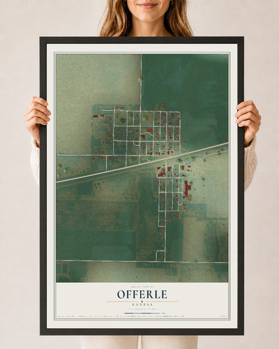 Map of Offerle, Kansas, 24 x 36 inch print in a black wood frame