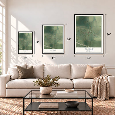 Ogallah, Kansas map in 12 x 18, 18 x 24 and 24 x 36 inch sizes above a sofa