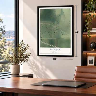 Ogallah, Kansas map, 18 x 24 inch print in a black frame in a home office