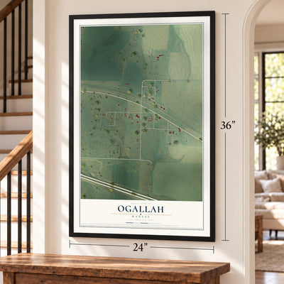 Ogallah, Kansas map, 24 x 36 inch print in a black frame by a staircase