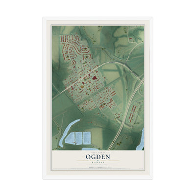 Map of Ogden, Kansas, 12 x 18 inch print in a white wood frame