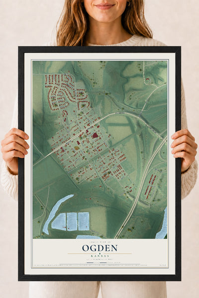 Map of Ogden, Kansas, 18 x 24 inch print in a black wood frame