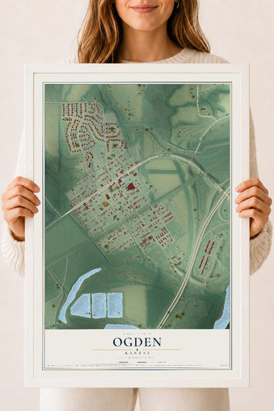 Map of Ogden, Kansas, 18 x 24 inch print in a white wood frame