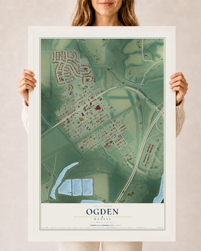 Map of Ogden, Kansas, 24 x 36 inch print in a white wood frame