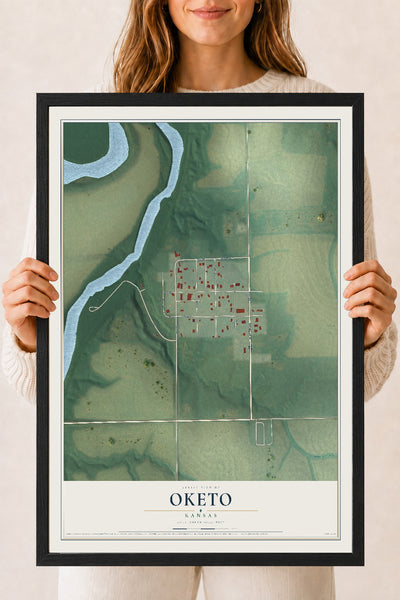 Map of Oketo, Kansas, 18 x 24 inch print in a black wood frame