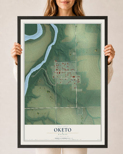 Map of Oketo, Kansas, 24 x 36 inch print in a black wood frame