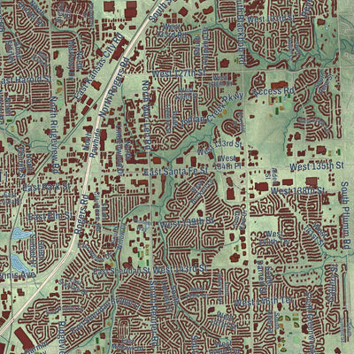 Close-up of the map of Olathe, Kansas print showing street and building detail