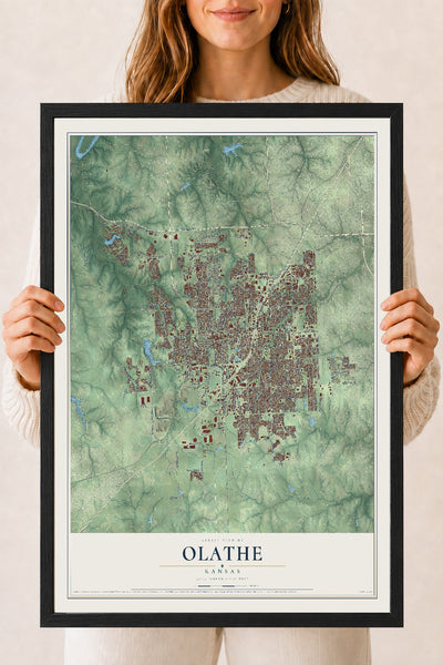 Map of Olathe, Kansas, 18 x 24 inch print in a black wood frame