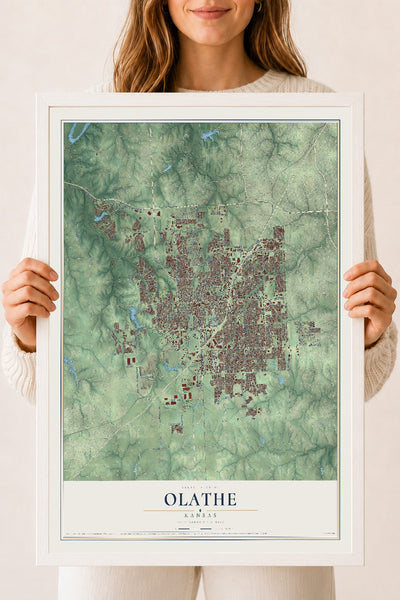 Map of Olathe, Kansas, 18 x 24 inch print in a white wood frame