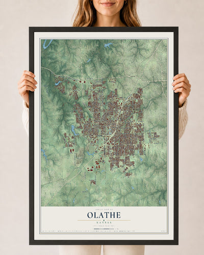 Map of Olathe, Kansas, 24 x 36 inch print in a black wood frame