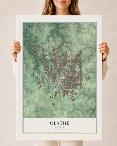 Map of Olathe, Kansas, 24 x 36 inch print in a white wood frame