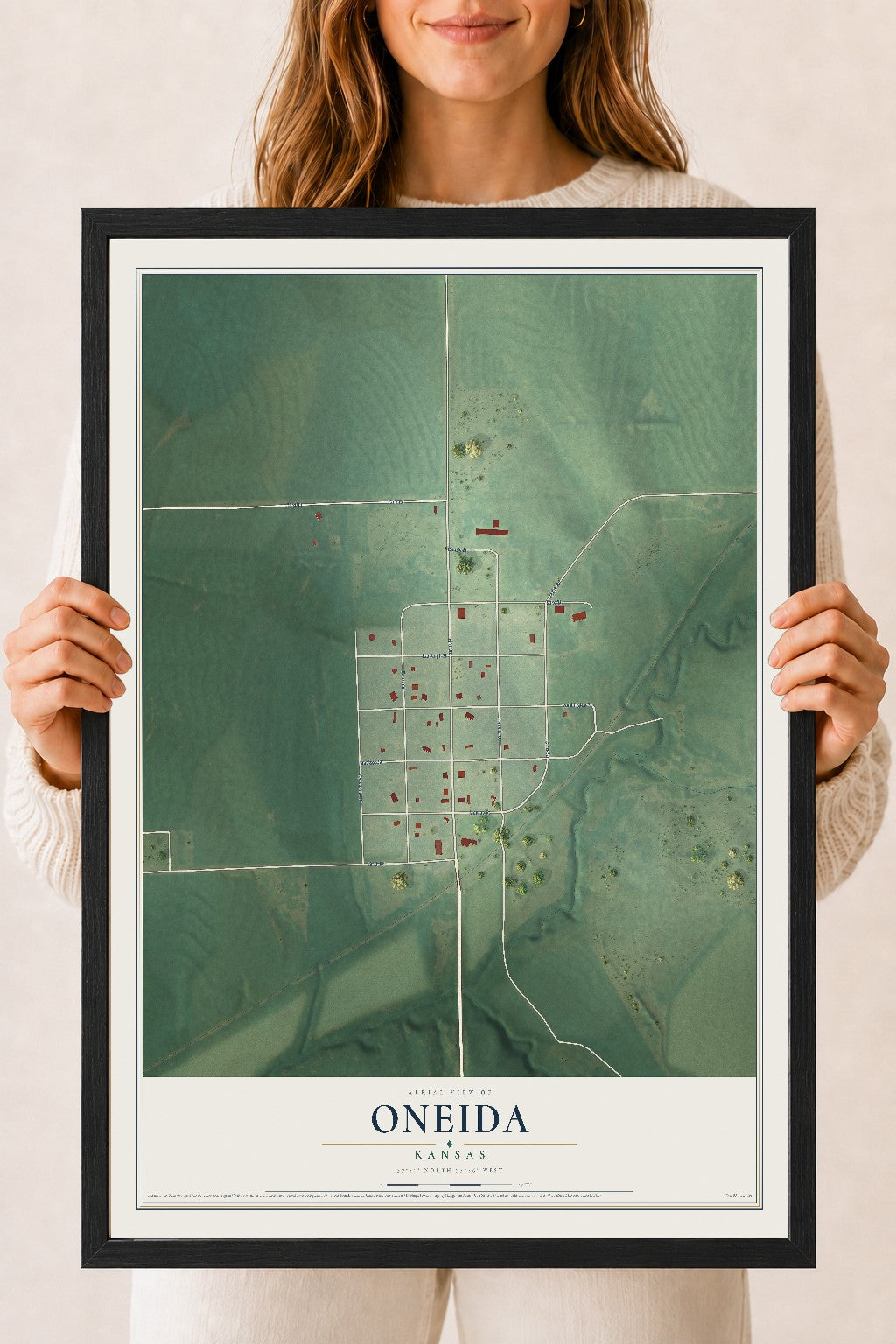 Map of Oneida, Kansas, 18 x 24 inch print in a black wood frame