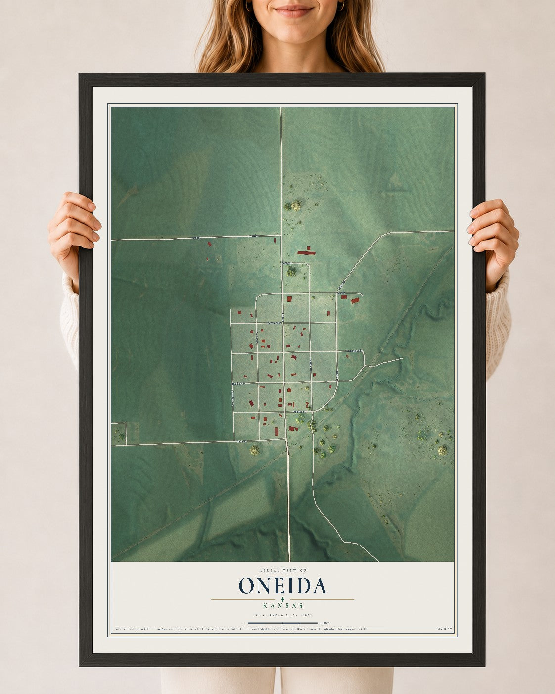 Map of Oneida, Kansas, 24 x 36 inch print in a black wood frame