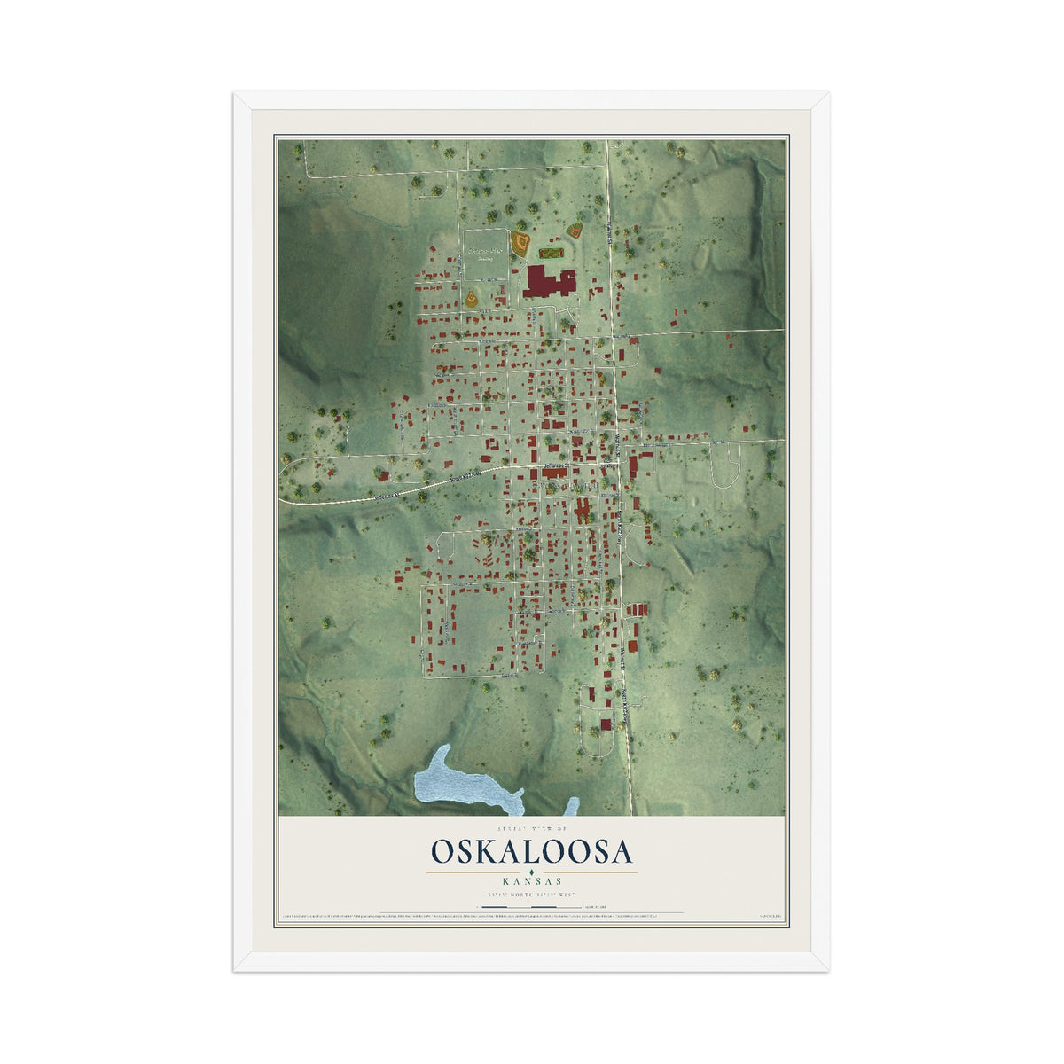 Map of Oskaloosa, Kansas, 12 x 18 inch print in a white wood frame