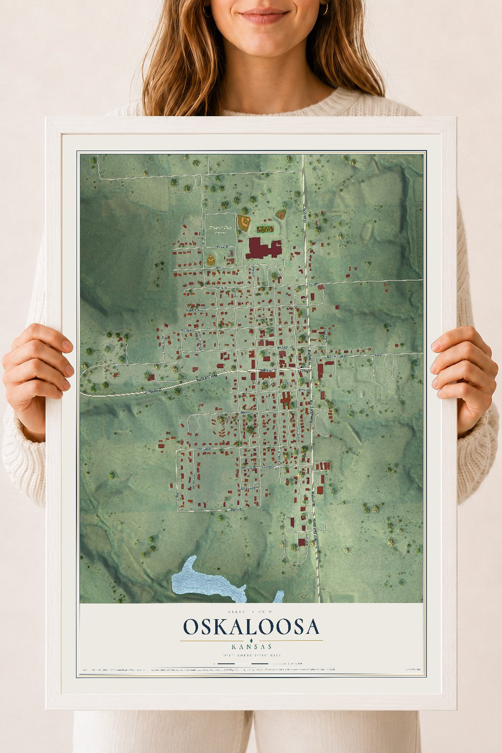 Map of Oskaloosa, Kansas, 18 x 24 inch print in a white wood frame